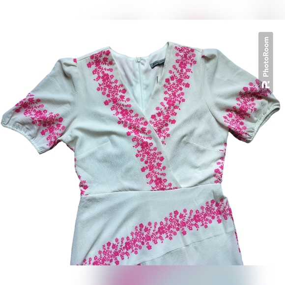 Danny and Nicole Ivory hot pink floral stripe textured faux-wrap dress size 12 - Picture 5 of 16